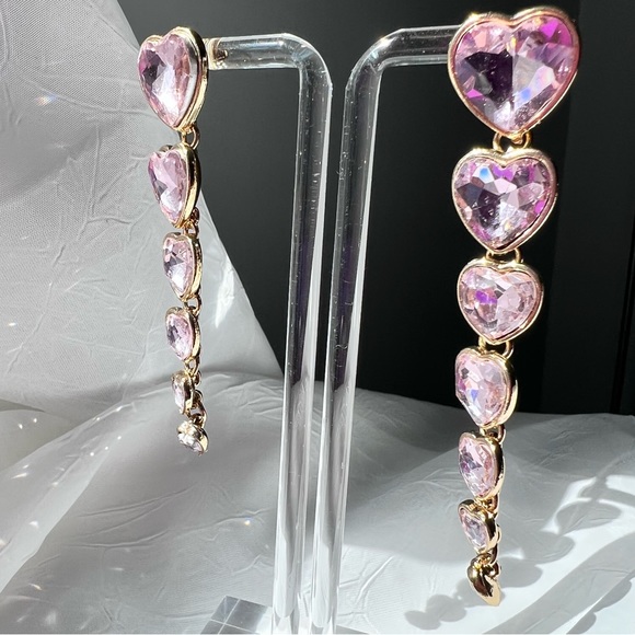 New Light Pink Heart Crystal Long Dangly Drop Earrings Alessandra Rich Style - Picture 5 of 9